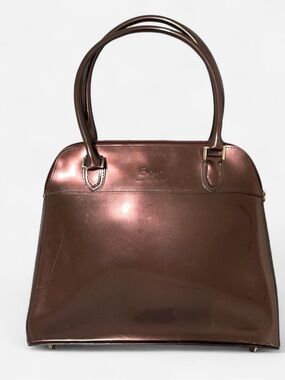Beijo Patent Leather brown Satchel Bag Dome Handles Purse